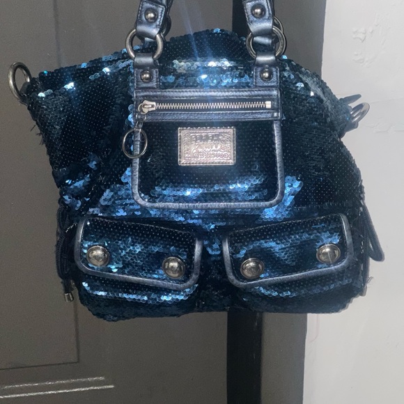 used Coach Poppy blue sequins hand bag some wear see pics - Picture 1 of 9